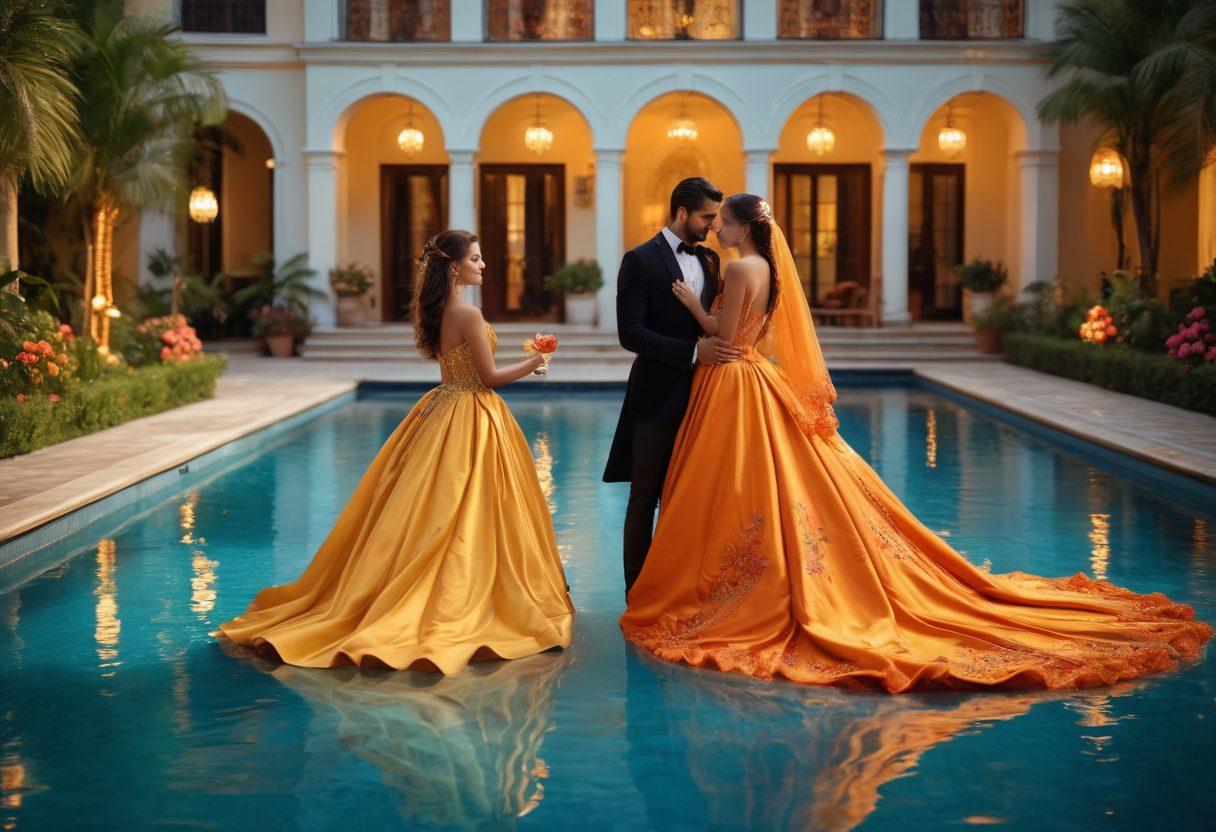 A captivating scene showcasing a luxurious and intimate gathering of diverse couples, tastefully adorned in elegant attire, surrounded by rich textures and warm tones. The atmosphere is filled with sensual energy, featuring soft candlelight and lush greenery. Include elements suggesting a blend of freedom and pleasure, like a playful masquerade or an enticing poolside setting. Emphasize connection and adventure in their expressions and body language. vibrant colors. 3D. soft focus.